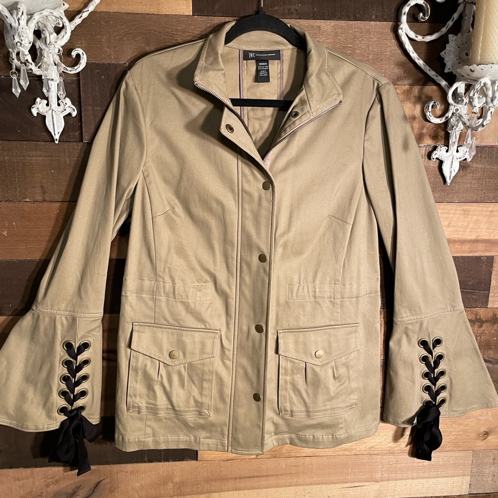 INC International Concepts Khaki Utility Jacket with Lace-Up Details - Picture 2 of 7